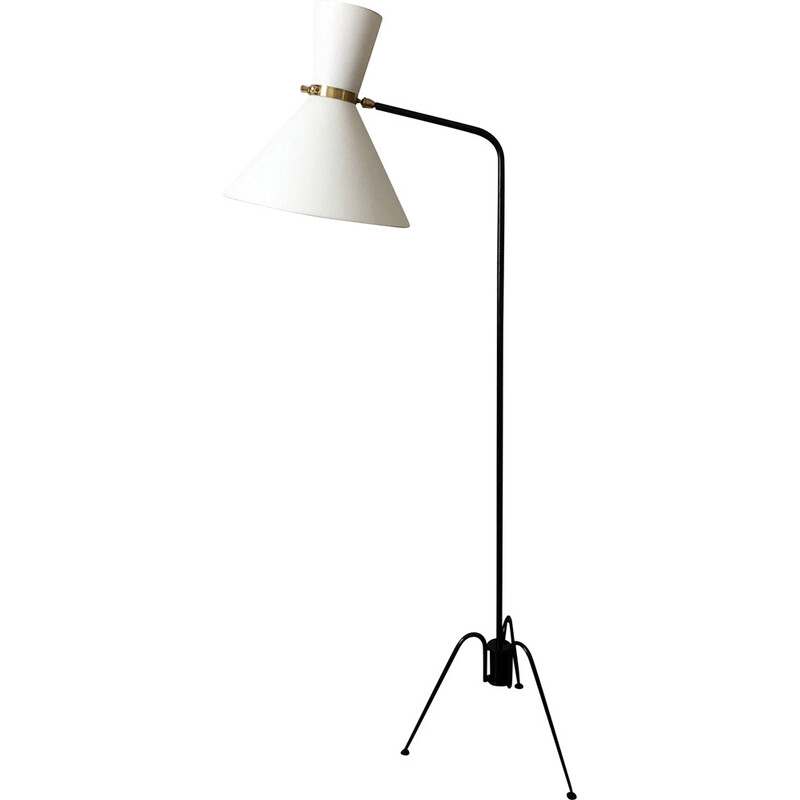 Lampadaire vintage en métal noir et laiton par diabolo Lunel, 1950