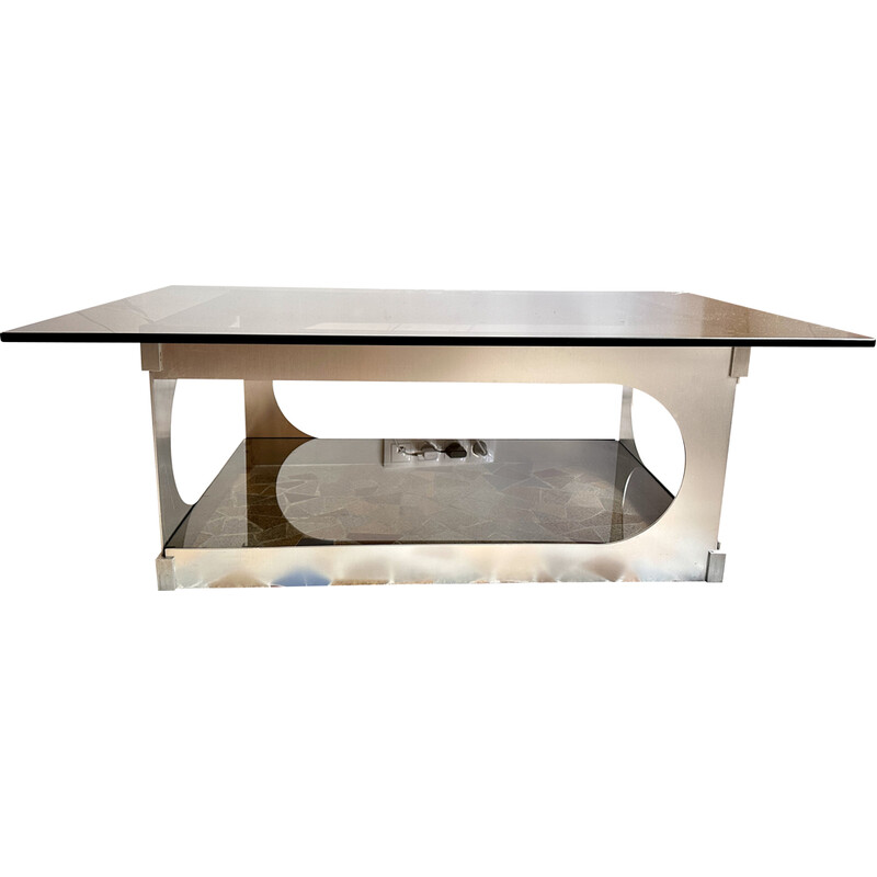 Vintage coffee table in brushed aluminium and glass, 1970