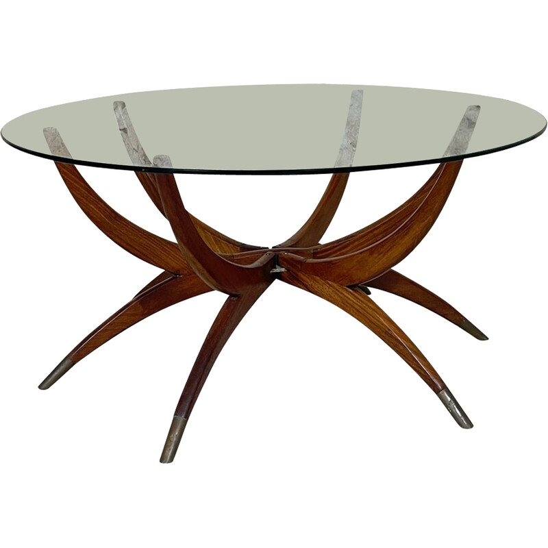 Vintage Spider leg coffee table in glass and teak, 1960