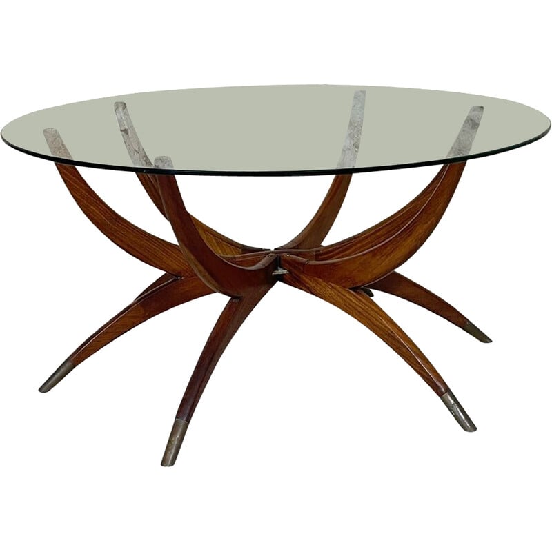 Vintage Spider leg coffee table in glass and teak, 1960