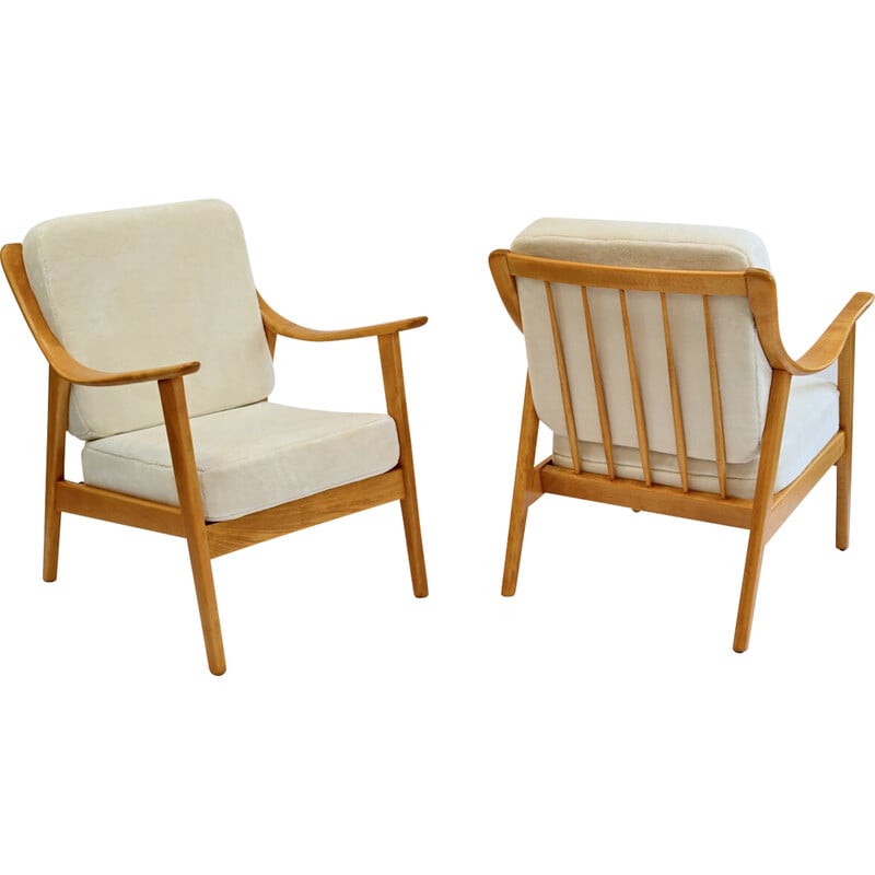 Pair of vintage solid beech armchairs, 1950