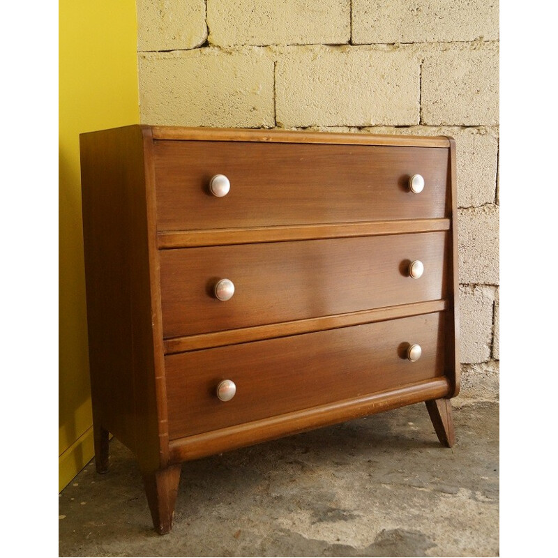 Commode en bois à 3 tiroirs et piétement compas - 1950