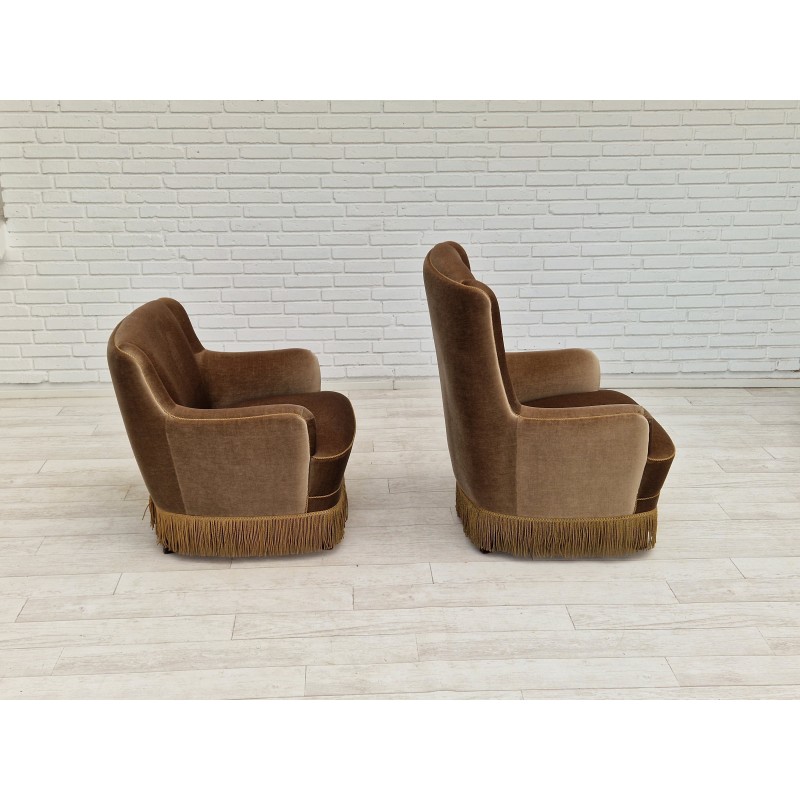 Paar vintage fluwelen fauteuils, Denemarken 1970