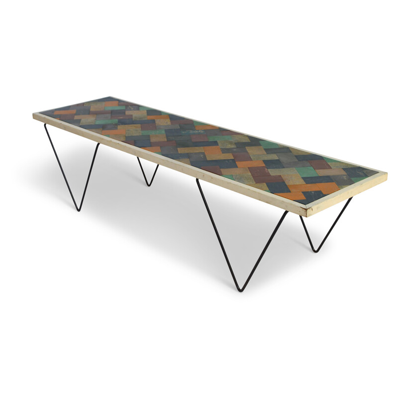 Coffee table with a multicolour top with geometrical pattern - 1950s