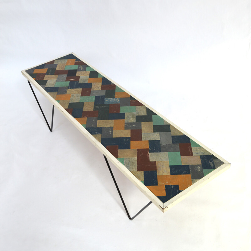 Coffee table with a multicolour top with geometrical pattern - 1950s