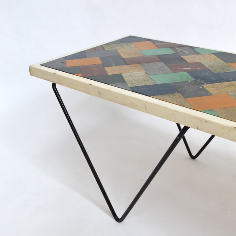 Coffee table with a multicolour top with geometrical pattern - 1950s