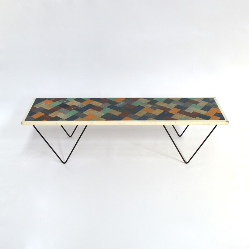 Coffee table with a multicolour top with geometrical pattern - 1950s