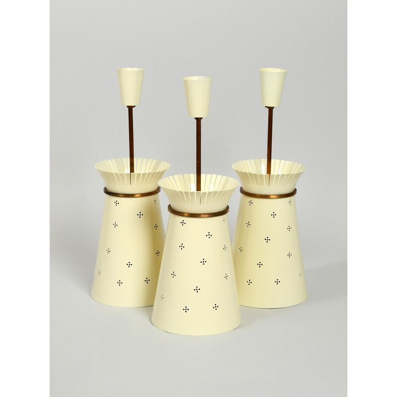 Set van 3 vintage conische hanglampen in geperforeerd metaal van Arredoluce, Italië