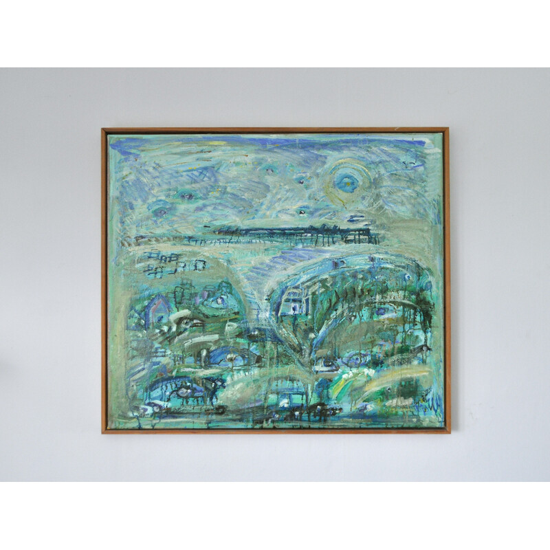 Vintage Abstract painting "Turquois Town with Animals"