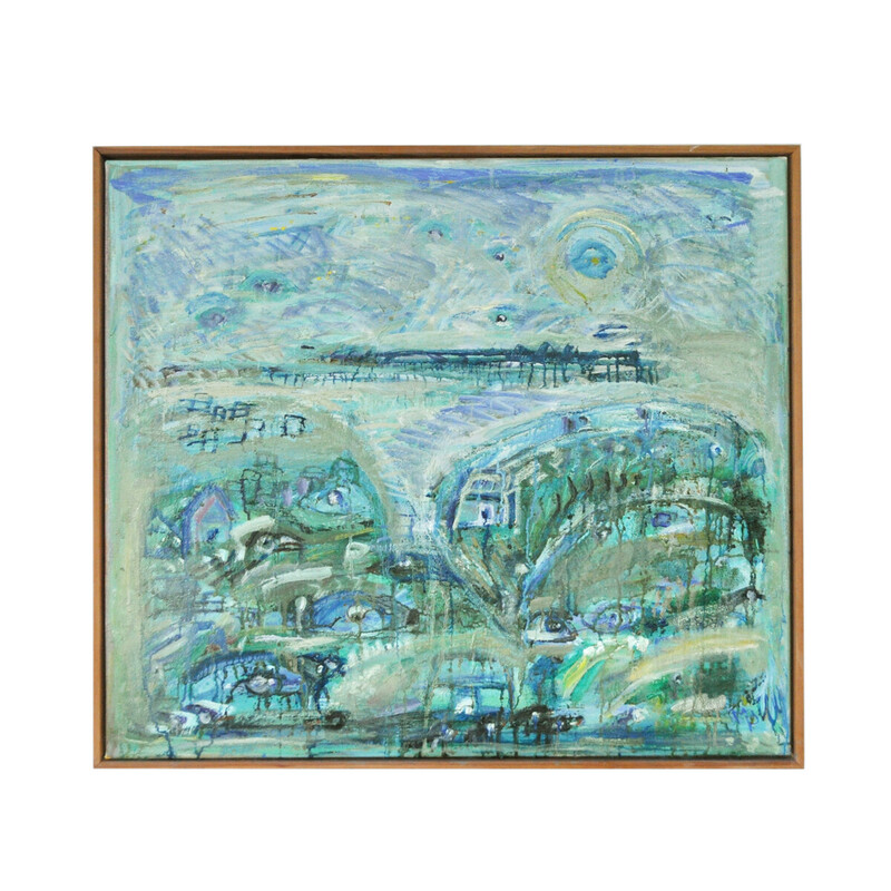 Peinture abstraite vintage "Ville turquoise avec animaux"