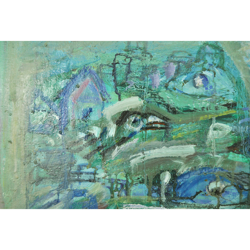 Peinture abstraite vintage "Ville turquoise avec animaux"