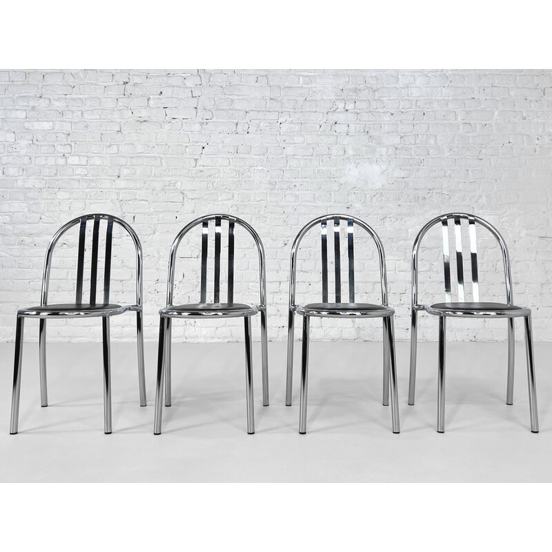 Set of 4 vintage chairs in chrome-plated steel and imitation leather