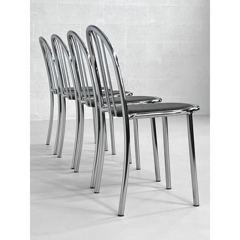 Set of 4 vintage chairs in chrome-plated steel and imitation leather
