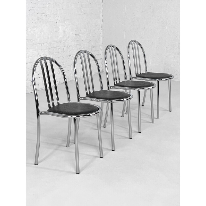 Set of 4 vintage chairs in chrome-plated steel and imitation leather