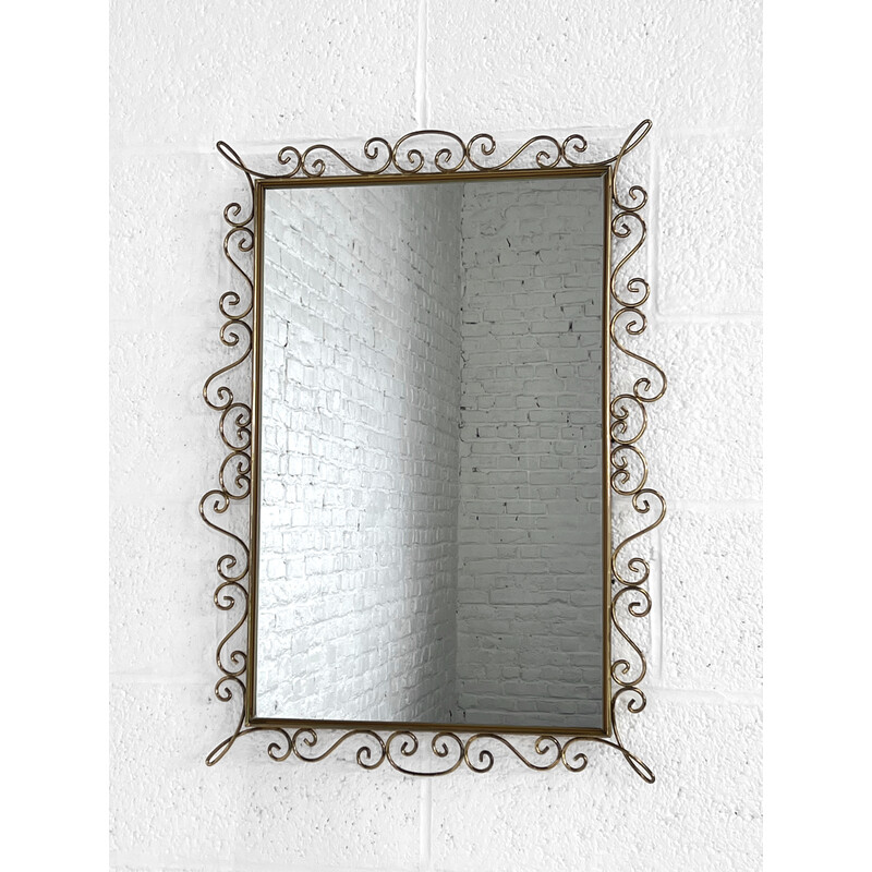 Espejo rectangular vintage con borde de latón, 1950 - 1960