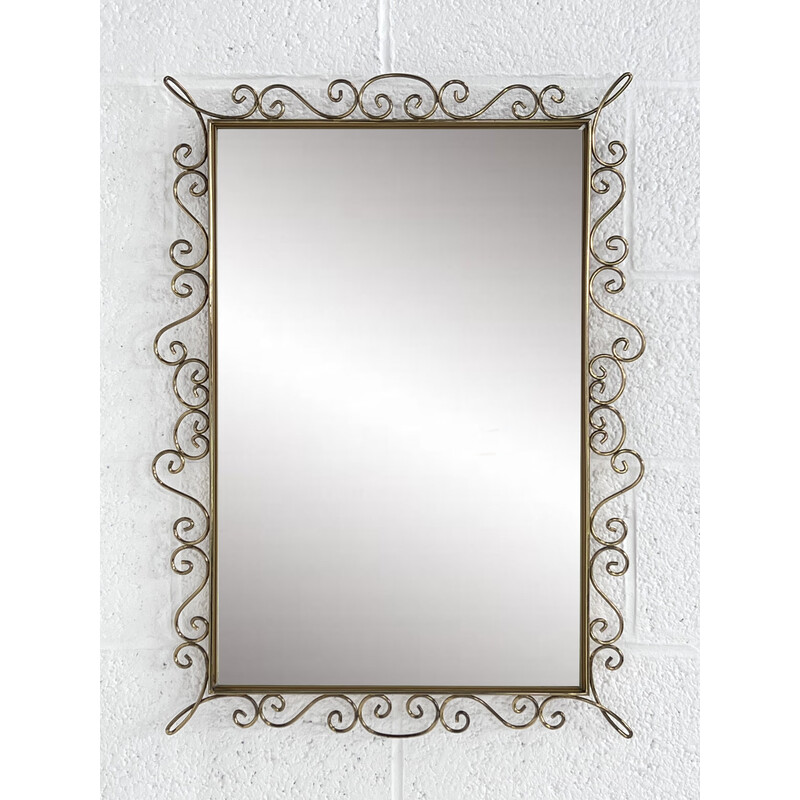 Miroir rectangulaire vintage sur bord laiton, 1950 - 1960