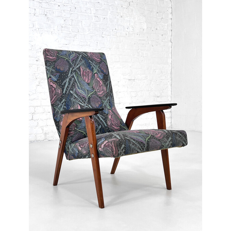 Vintage armchair in wood and fabric, 1950 - 1960