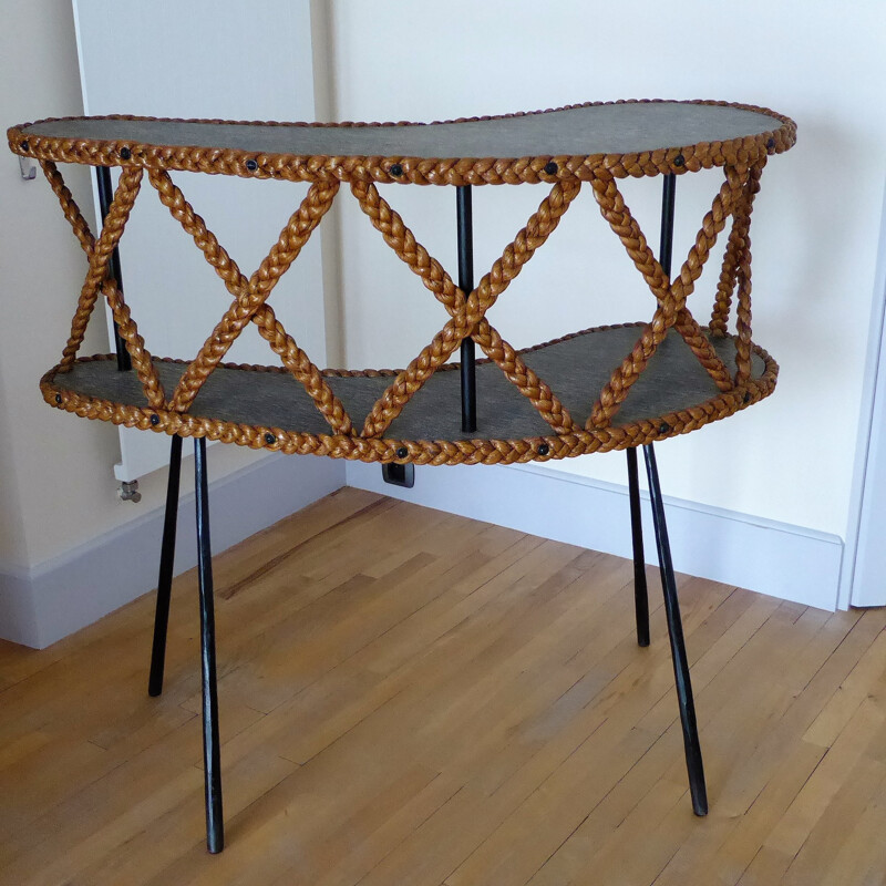 Bar with 2 vintage coconut braid trays and black metal compass legs, 1950