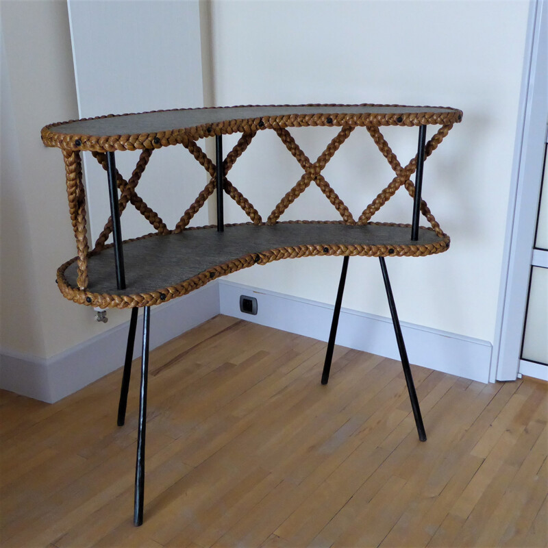 Bar with 2 vintage coconut braid trays and black metal compass legs, 1950