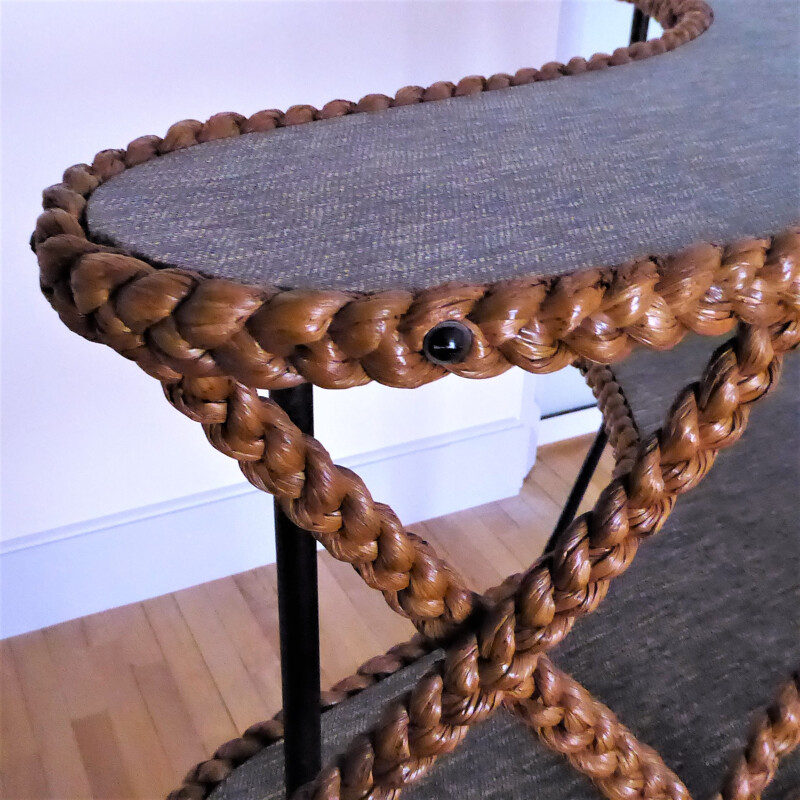 Bar with 2 vintage coconut braid trays and black metal compass legs, 1950