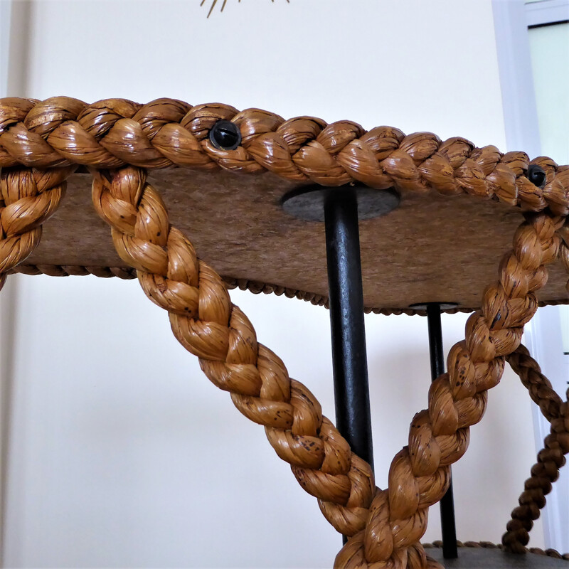 Bar with 2 vintage coconut braid trays and black metal compass legs, 1950