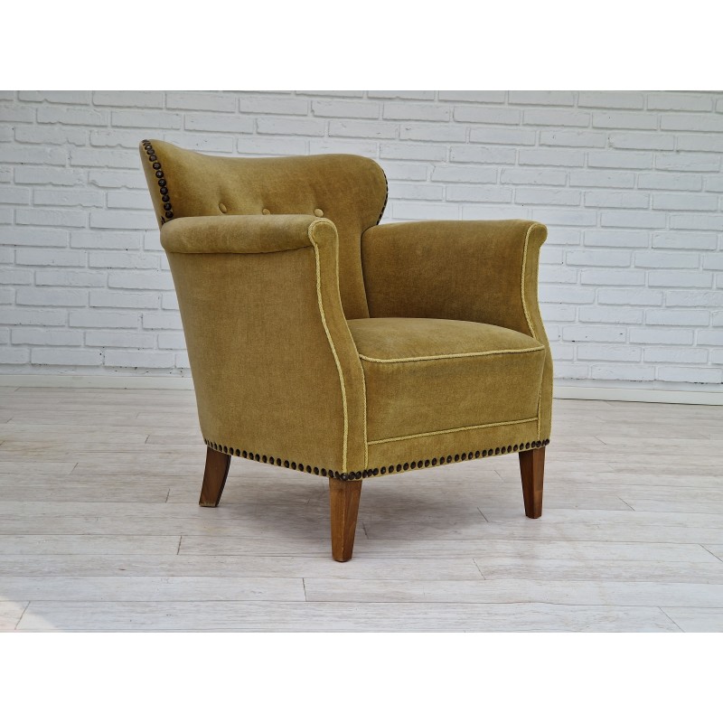 Vintage beechwood and velvet armchair, 1960