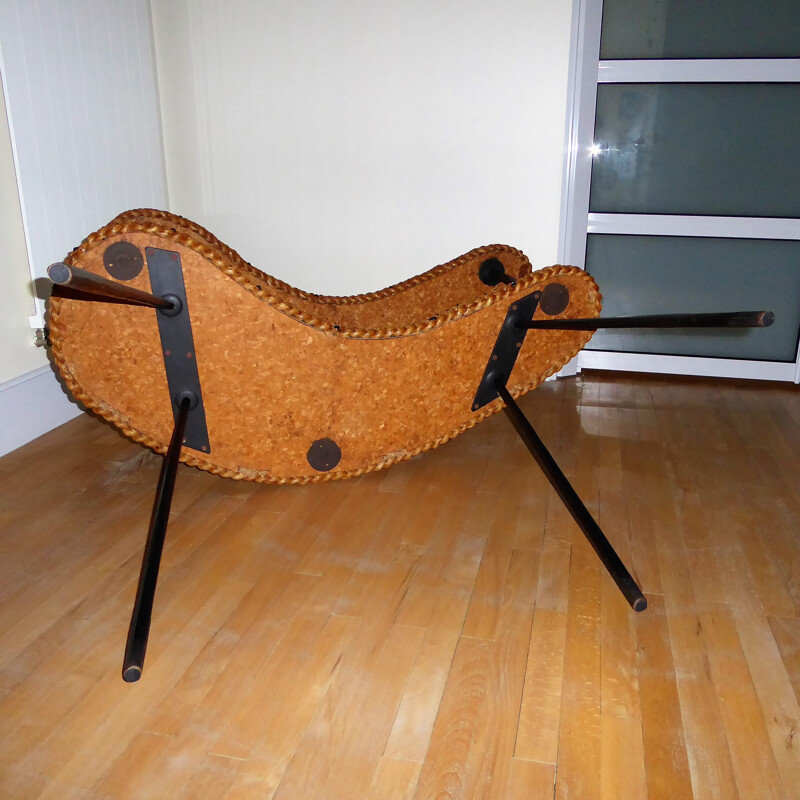 Bar with 2 vintage coconut braid trays and black metal compass legs, 1950