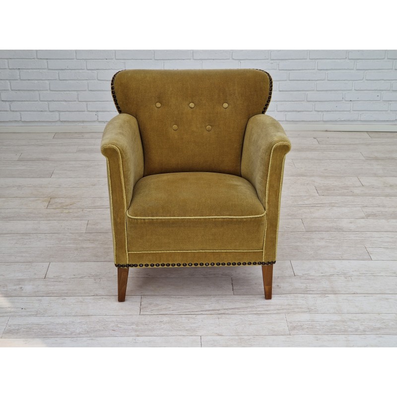 Vintage beechwood and velvet armchair, 1960