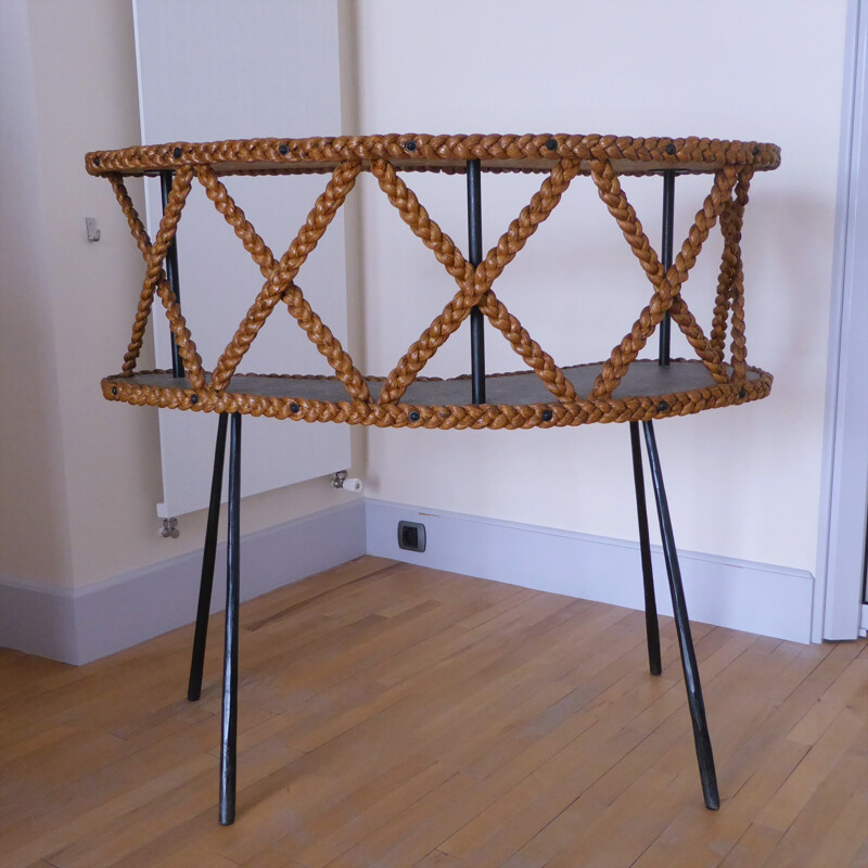 Bar with 2 vintage coconut braid trays and black metal compass legs, 1950