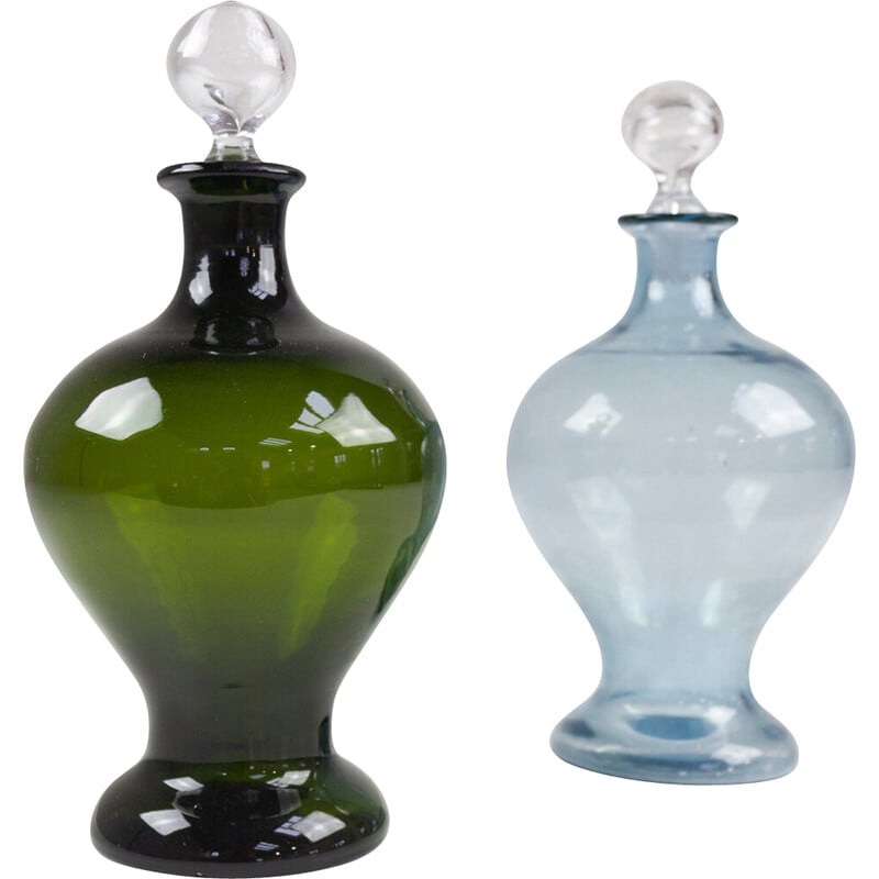 Pair of Danish vintage Art Deco blue and green glass decanters, 1930s
