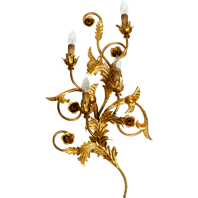 Lampada da parete italiana vintage placcata oro con quattro prese, anni '60