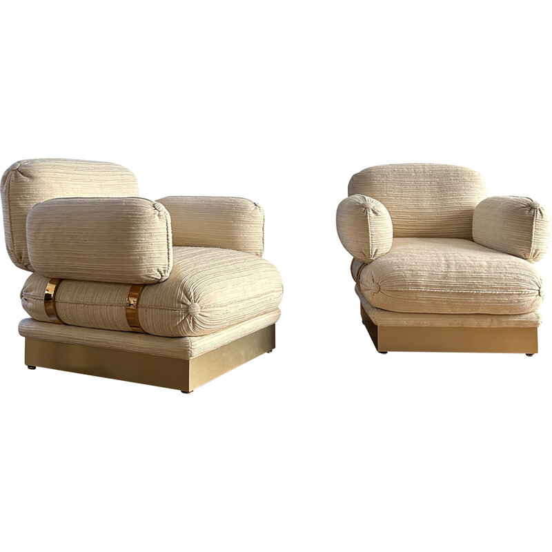 Pair of vintage "Régine" armchairs in brass and beige wool by Robert and Roger Thibier, France 1978