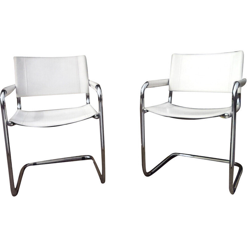 Pair of vintage armchairs in white leather and chrome, 1980