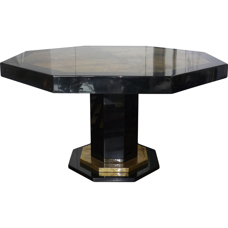 Black and gold lacquered hexagonal vintage table by Jean-Claude Mahey, 1970