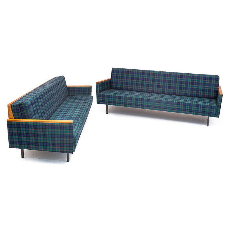 Paire de canapés vintage 4 places en tissu Tartan, 1960