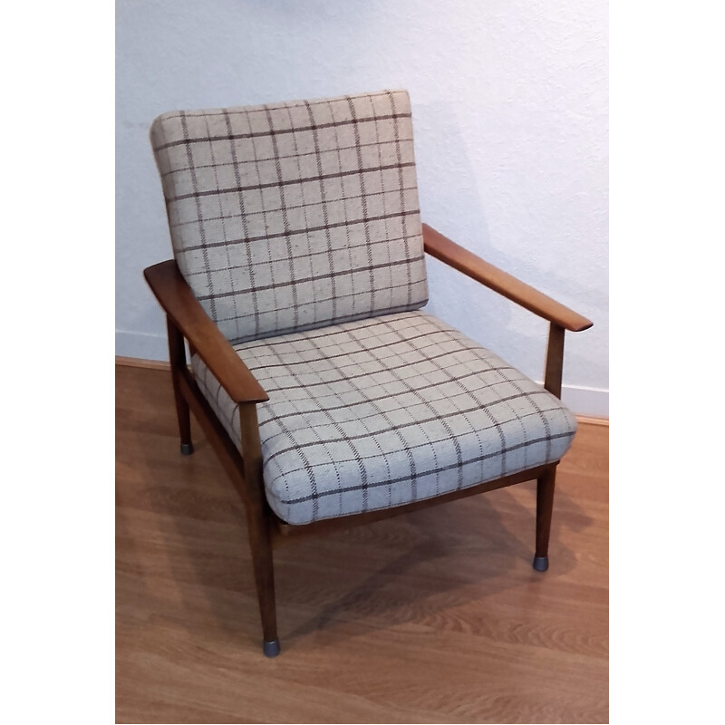 Solid cherrywood armchair with a check fabric by W. Knoll for Knoll Antimott - 1950s 