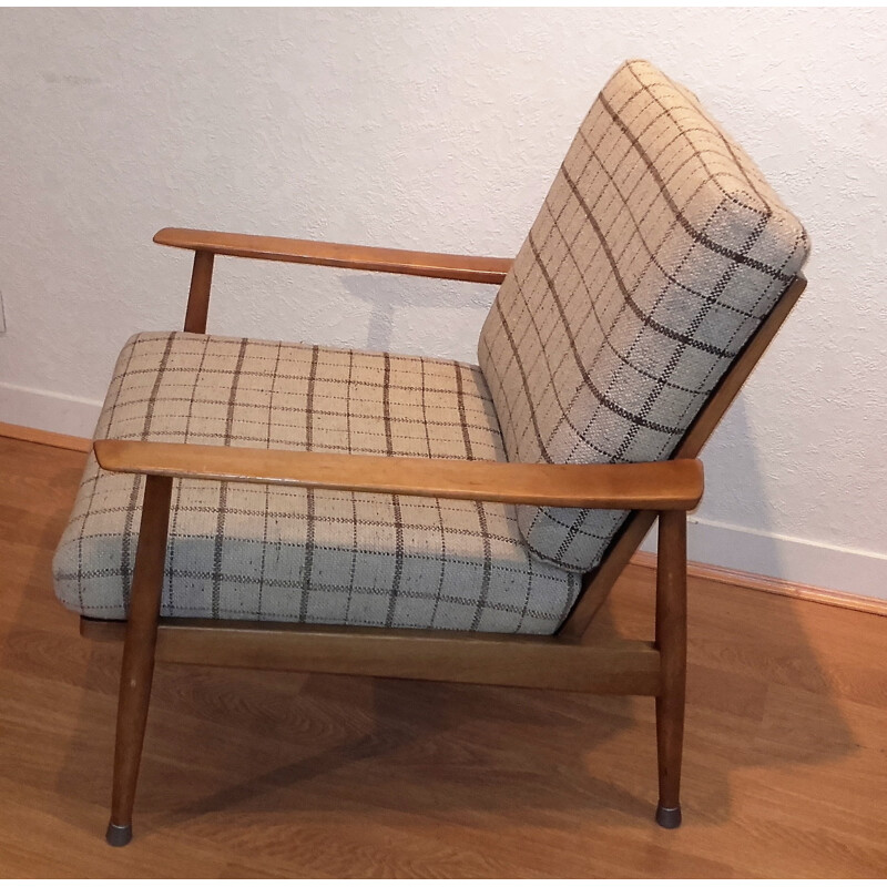 Solid cherrywood armchair with a check fabric by W. Knoll for Knoll Antimott - 1950s 