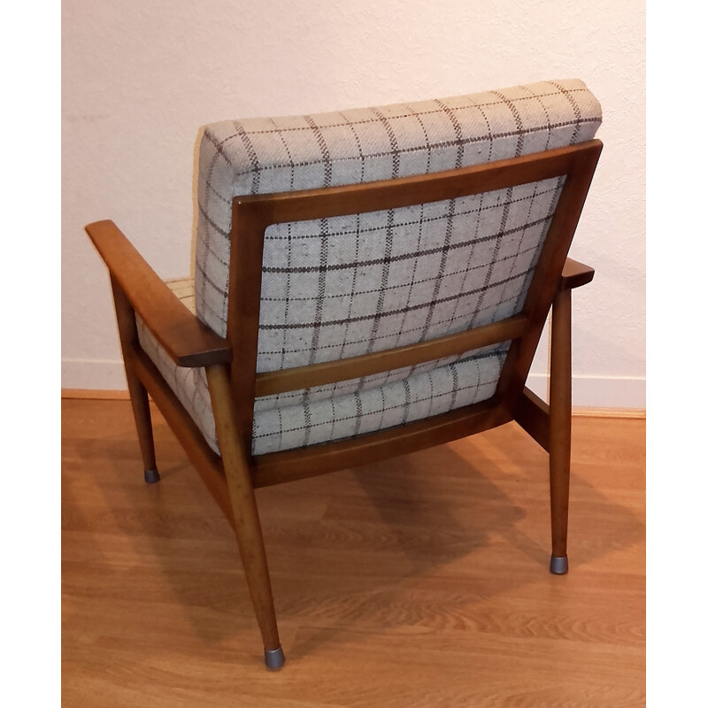 Solid cherrywood armchair with a check fabric by W. Knoll for Knoll Antimott - 1950s 