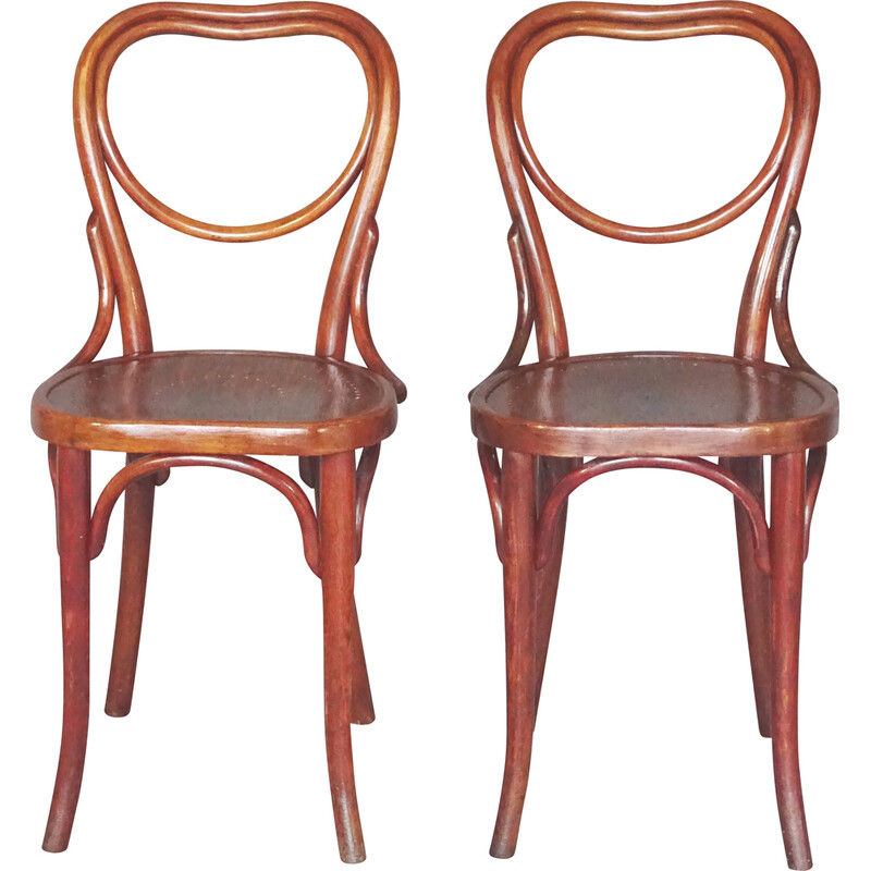 Pair of vintage N°28 bistro wooden heart chairs, 1900
