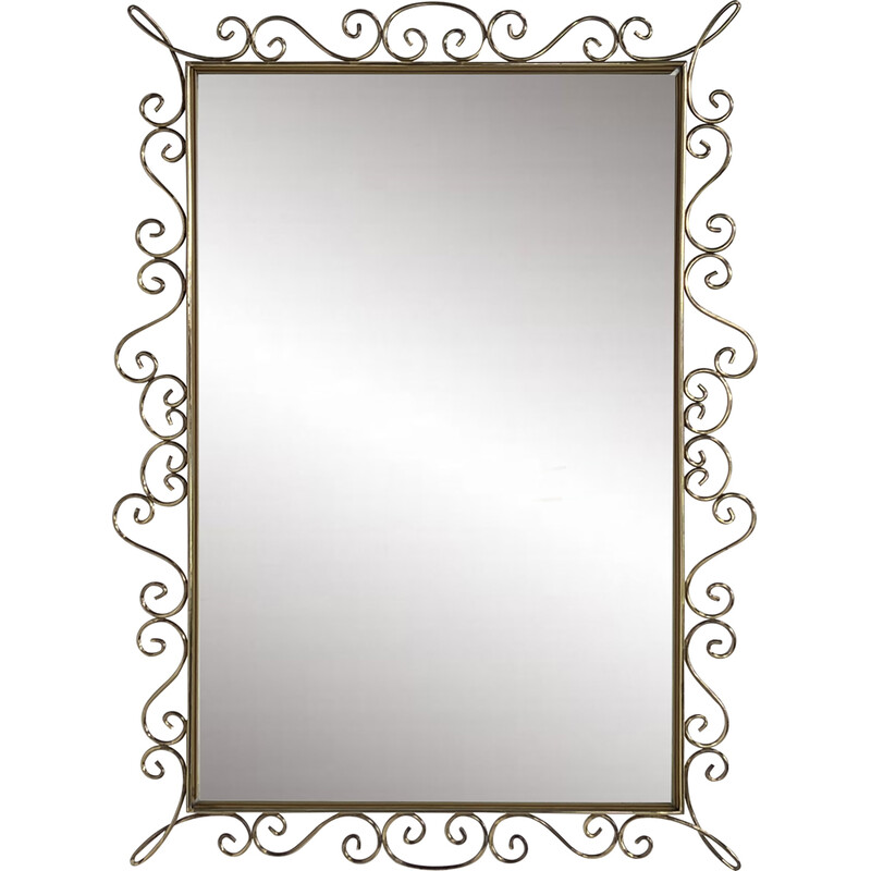 Miroir rectangulaire vintage sur bord laiton, 1950 - 1960