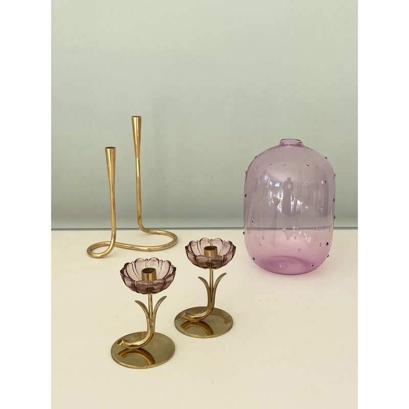 Coppia di candelieri vintage a fiori in ottone e vetro di Gunnar Ander per Ystad Metal, Svezia