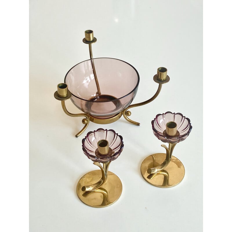 Pair of vintage brass and glass flowers candlesticks by Gunnar Ander for Ystad Metal, Sweden