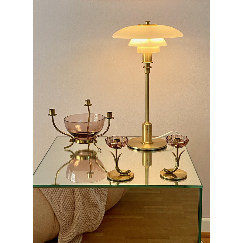 Coppia di candelieri vintage a fiori in ottone e vetro di Gunnar Ander per Ystad Metal, Svezia
