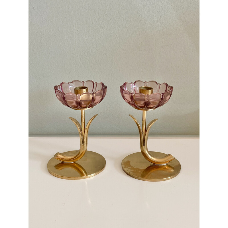 Pair of vintage brass and glass flowers candlesticks by Gunnar Ander for Ystad Metal, Sweden