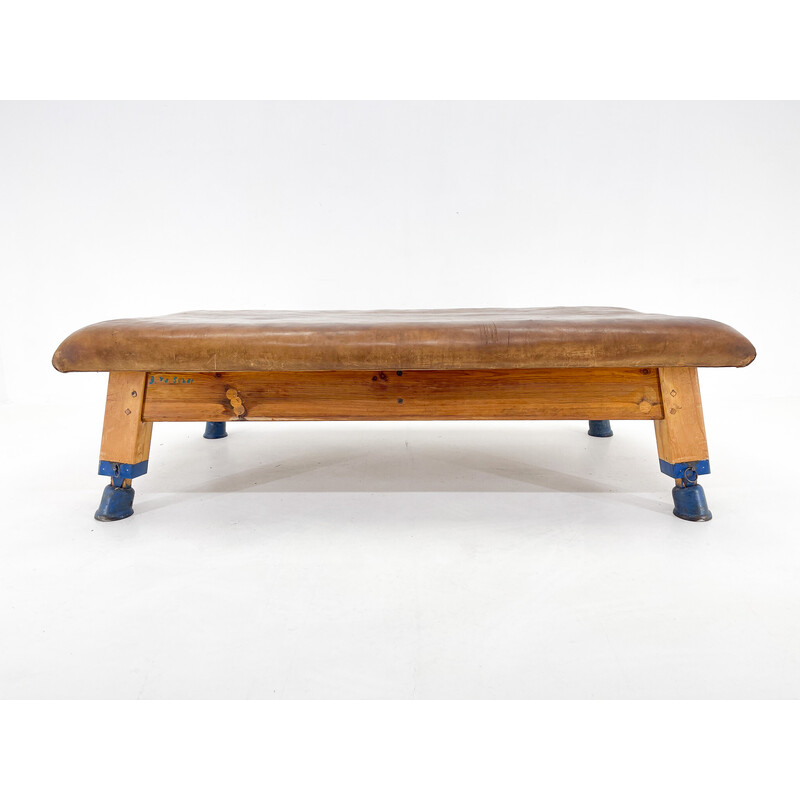 Vintage leather and wood gym bench, Czechoslovakia 1940s