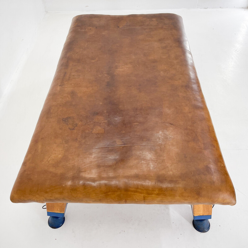 Vintage leather and wood gym bench, Czechoslovakia 1940s