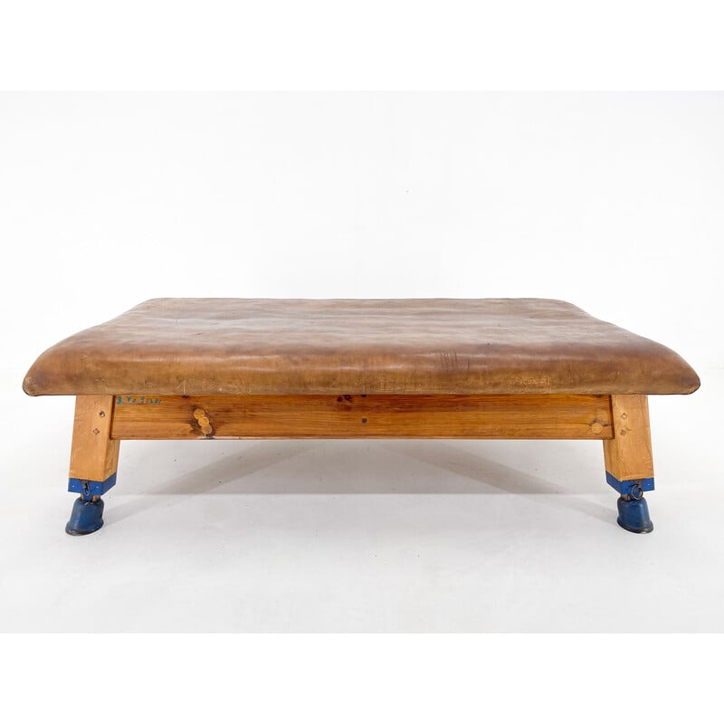 Vintage leather and wood gym bench, Czechoslovakia 1940s