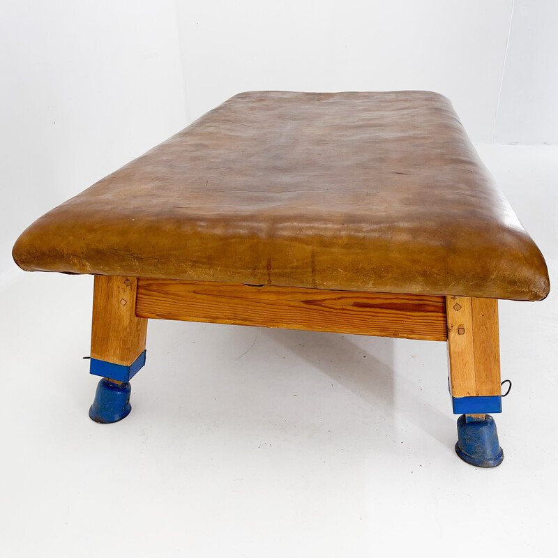 Vintage leather and wood gym bench, Czechoslovakia 1940s