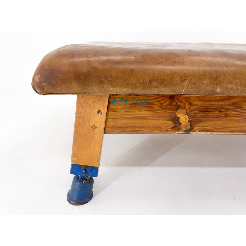 Vintage leather and wood gym bench, Czechoslovakia 1940s