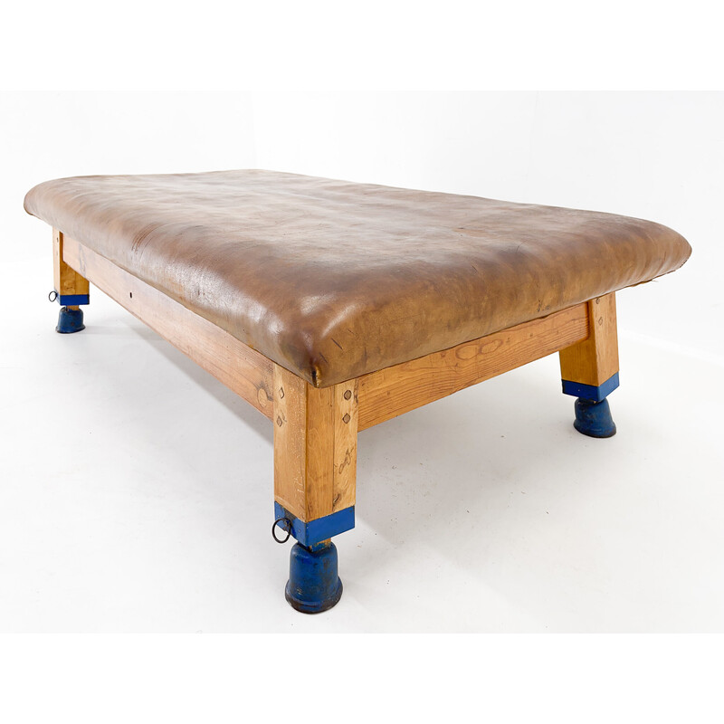 Vintage leather and wood gym bench, Czechoslovakia 1940s